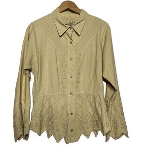 Inca Cottons Embroidered Boho Victorian Button Down Long Sleeve Blouse Top Small